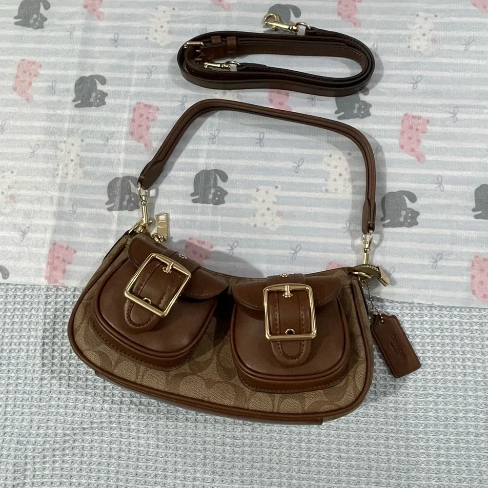 Coach Brown Signature Canvas Shoulder Bag with Double Buckle Pockets